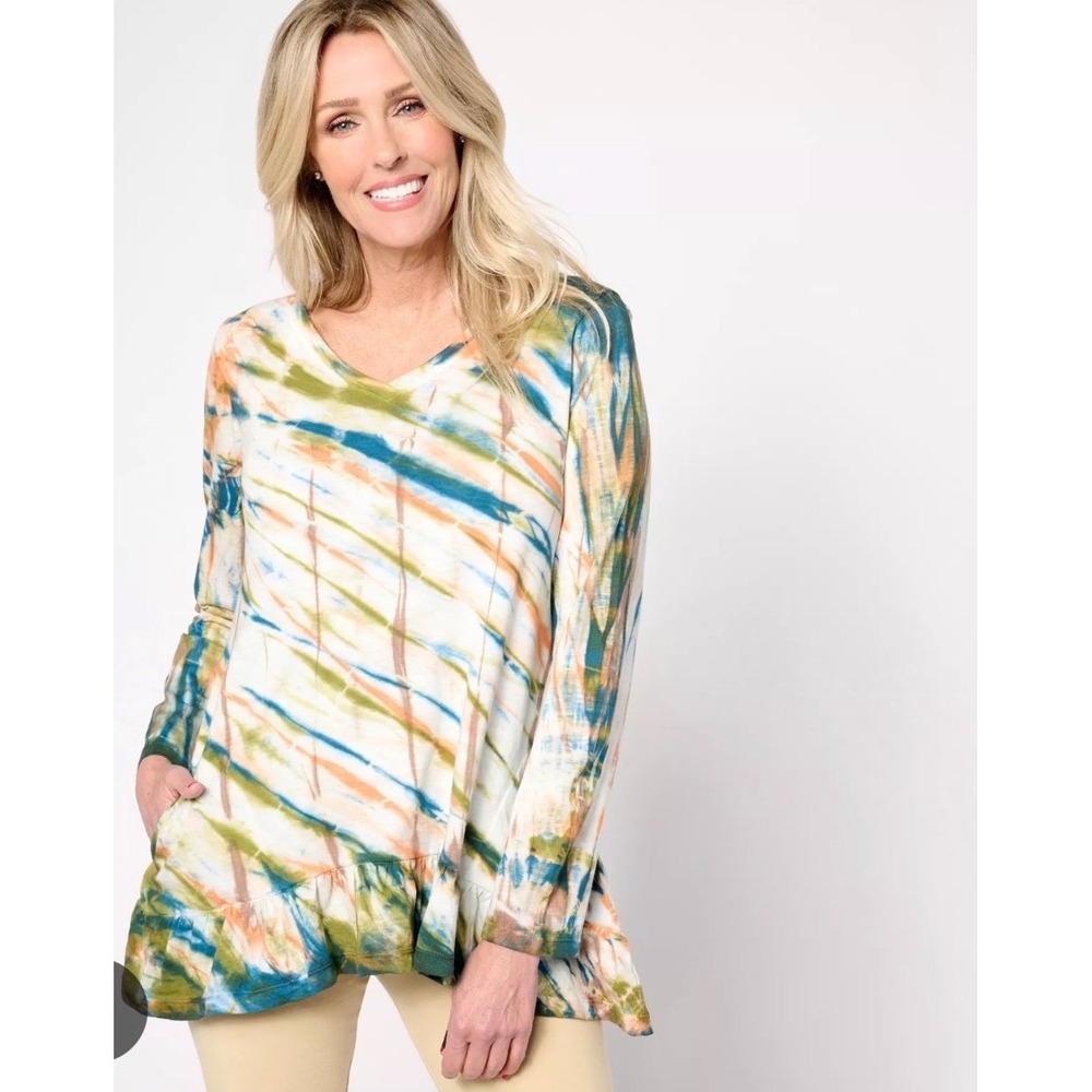 LOGO Lori Goldstein Tie Dye V-Neck Ruffle Hem Tunic Top Blue Orange 1X